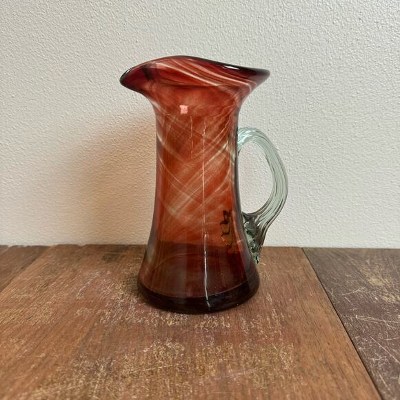 MCM Retro Hand Blown Swirl Art Glass Pitcher Applied Handle Burgundy Red‎ Clear - Picture 1 of 8